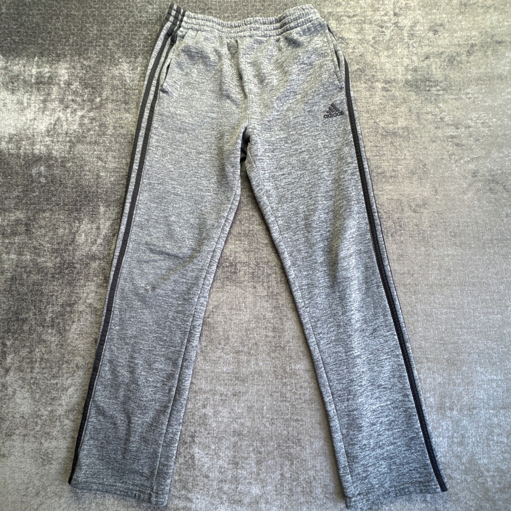 Adidas Track Pants Boys XL 18/20‎ Gray Heather Stripe Fleece Lined Straight Leg